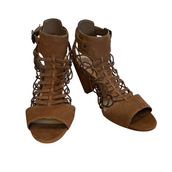 Vince Camuto Evel Womens 10M Caged Sandal Open Toe Leather Heels Dark Taupe - Picture 1 of 10